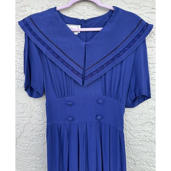 VTG Karin Stevens Blue Yoke Collar Dress  Size 8 Nautical Button Midi Pleated - Picture 2 of 10
